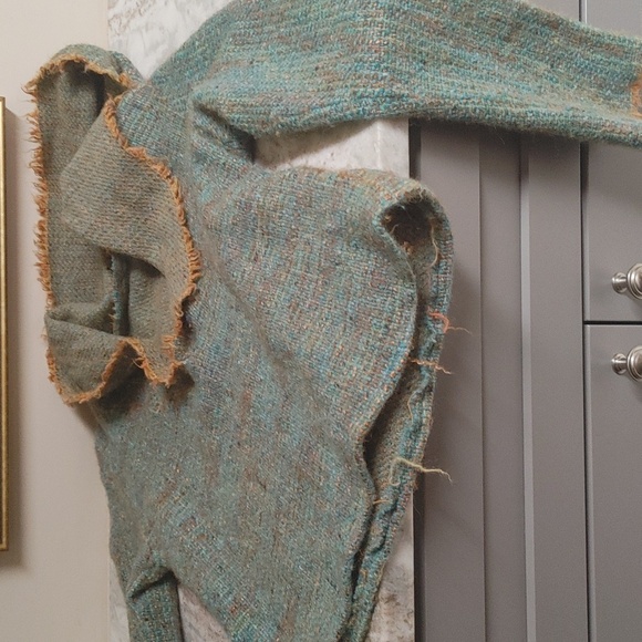 OOAK Handwoven Wool Hoodie Turquoise & Gold - Picture 7 of 17